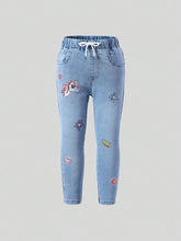 Young Girl Elastic Waist Adjustable Unicorn & Star Embroidered Stretch Denim Jeans, Light Blue